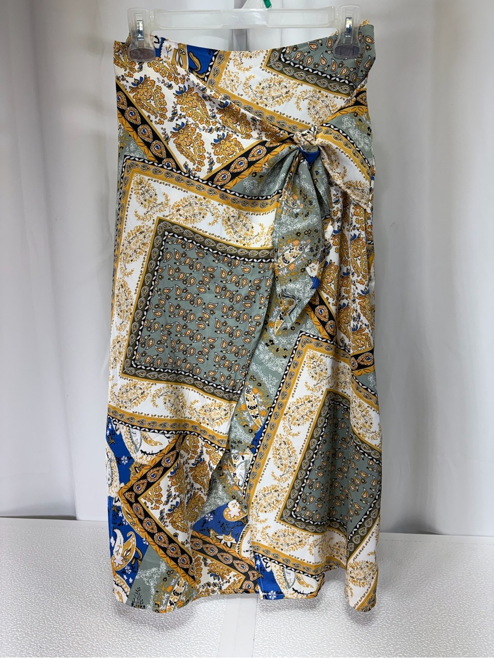 Zaful Blue Green Gold Paisley Patchwork Tie-Waist Midi Skirt 4016